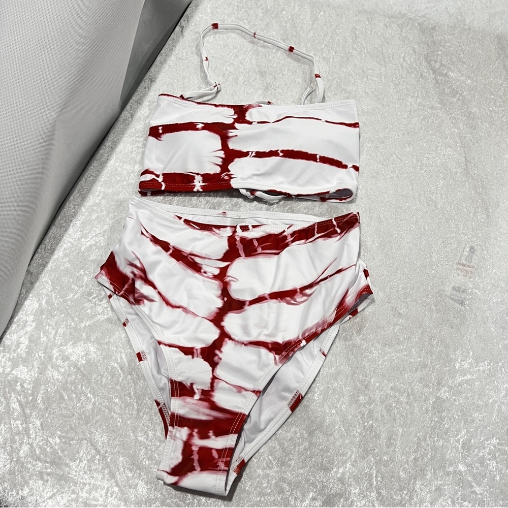 High Waisted Bandeau Bikini Set Tie Dye Size Small White Red Swimsuit